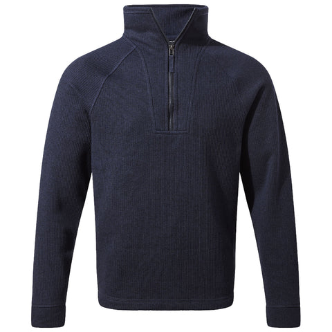 A navy quarter-zip sweater is displayed prominently with long sleeves and ribbed texture suggesting warmth and comfort suitable for casual or outdoor wear in cool environments.