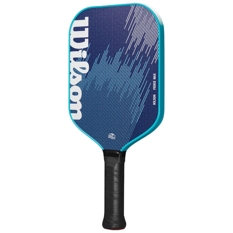 A pickleball paddle features a large rectangular face with a blue and white design and a textured grip handle. The paddle is designed for playing pickleball in various environments.