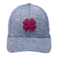 A gray baseball cap features a prominent maroon four-leaf clover patch on the front with a textured finish creating a casual accessory suitable for outdoor activities or sports.