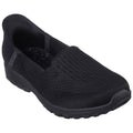 A black slip-on shoe features a breathable mesh upper and a textured sole designed for comfort and ease of wear on various surfaces in casual settings.