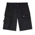 Black cargo shorts feature multiple pockets and red stitching accents. They are laid flat, showcasing their design and practicality, suitable for casual or work-related activities.