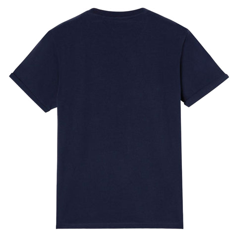 A dark navy blue t-shirt is displayed flat with short sleeves rolled up slightly the fabric appears smooth and plain with no visible designs or logos present