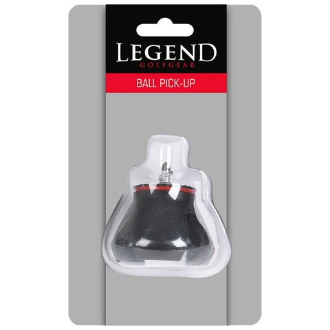 A golf ball pick-up tool sits in a clear plastic packaging with a black and red design labeled as Legend Golfgear Ball Pick-Up on a gray background.