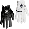 Two golf gloves are displayed side by side one is black and the other is white both featuring the logo FJ the gloves show textured material with perforations for breathability and flexibility