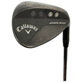 A golf club head titled Callaway Jaws Raw is displayed at an angle showcasing its worn surface and distinctive features including logos and grooves with a shaft extending downward evident in a neutral background