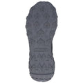 A gray shoe sole features a rugged tread pattern designed for traction on various surfaces indicating suitability for outdoor activities or hiking likely on uneven terrain.