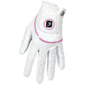 A white golf glove with pink accents is displayed with fingers extended showcasing perforations for breathability positioned against a plain background suitable for golf activities.