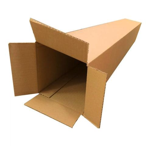 A long cardboard box with flaps open at both ends rests flat on a surface revealing its hollow interior meant for storing or transporting items.