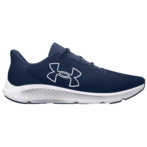 A navy athletic shoe with a textured upper and white logo sits on a flat surface emphasizing its sleek design and cushioning sole ideal for running or sports activities.