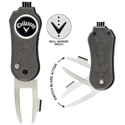 A multi-tool golf accessory features a fork for repairing greens and a blade for cutting. It includes a removable ball marker on one side and is designed for convenience during play.