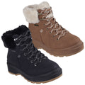 Brown and black winter boots with faux fur collars are displayed side by side. Each boot features metal eyelets and thick laces, designed for warmth and durability in cold weather.