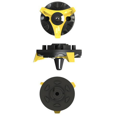 Champ Pro Stinger Golf Shoe Cleats A circular, multi-colored golf cleat features a black base and yellow accents with a central hole. It appears to be a connector or fastener designed for securing objects in various contexts.