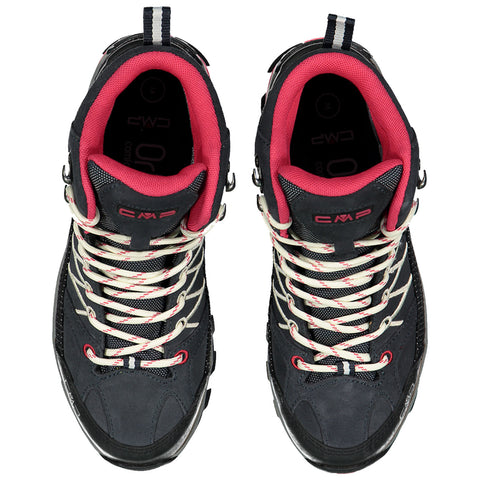 Two high-top hiking shoes are positioned side by side showcasing a dark exterior with pink accents and reflective laces designed for outdoor activities set against a plain background.