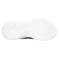 A white athletic shoe sole is displayed featuring a textured pattern designed for grip and traction with a slight curve at the toe illustrating its intended movement on surfaces