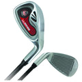 A golf club with a shiny metallic head and a patterned face is positioned at an angle showcasing its sleek design and grip for use on the golf course.