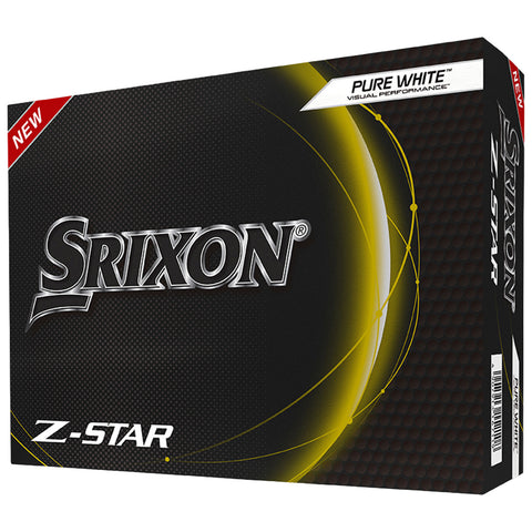 A black box displays the Srixon logo and Z-Star branding with a yellow circular design. Text highlights "NEW" and "PURE WHITE VISUAL PERFORMANCE" indicating a golf ball product.