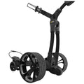 A golf trolley with a sleek design features large black wheels and a compact frame. It is positioned upright, ready for use on a golf course or training ground.