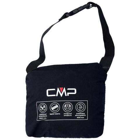 A small black bag with a shoulder strap is displayed. It features the logo CMP and icons indicating waterproof, windproof, taped seams, and breathability attributes.