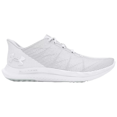 A white athletic shoe with a textured upper is positioned sideways showcasing its sleek design and laces emphasizing its lightweight construction intended for performance in sports or exercise.