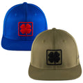 Two baseball hats are displayed side by side. One is blue with a red embroidered four-leaf clover logo and the other is olive green with a black embroidered four-leaf clover logo.