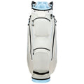 A white golf bag stands upright featuring multiple compartments for clubs and accessories showcasing a sleek design with a padded top and a notable brand logo on the side.