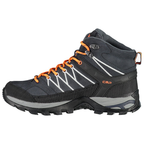 A black and gray hiking boot features orange laces and reflective accents designed for outdoor activities situated against a plain white background emphasizing its structure and details.