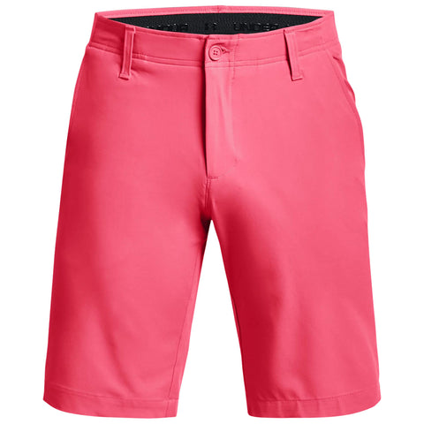 Bright pink shorts are displayed front-facing featuring a button and zipper closure with a smooth fabric texture this garment is suitable for warm weather activities or casual wear.