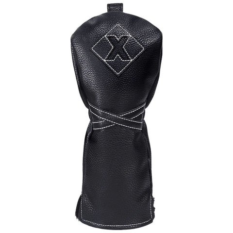 A black leather glove is standing upright showing a textured surface with a diamond design containing the letter X on the front while a strap wraps around the midsection.