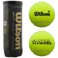 A cylindrical black container labeled Wilson holds bright yellow padel balls with branding. The balls are displayed prominently beside the container, highlighting their texture and color against a neutral background.