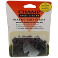 Plastic golf cleats are displayed in a transparent packaging featuring a key wrench for installation and highlighting their durability and compatibility with specific shoe brands