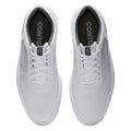 Two white sneakers are positioned symmetrically with laces tied and grey insoles visible. They are set against a plain background emphasizing their sleek design and minimalist appearance.