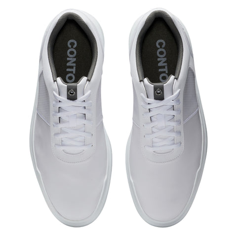 Two white sneakers are positioned symmetrically with laces tied and grey insoles visible. They are set against a plain background emphasizing their sleek design and minimalist appearance.