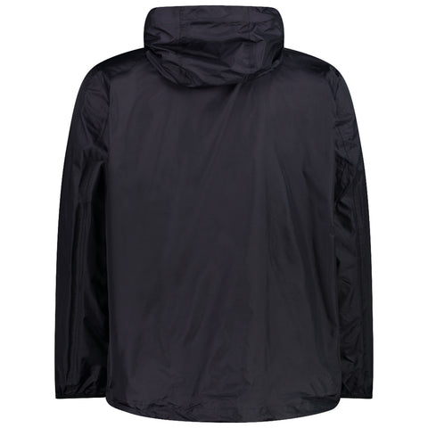 A black jacket is displayed hanging with a hood and long sleeves facing away from the viewer in a neutral setting that emphasizes the jacket's sleek design and simplicity.