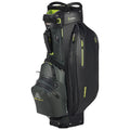 A golf bag stands upright featuring multiple compartments and zippers for storage equipped with a comfortable carrying strap and a durable waterproof exterior designed for outdoor use.