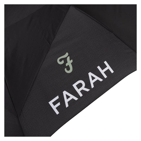 A black umbrella features a logo with an uppercase F and the word FARAH printed in white. It is positioned against a plain background, emphasizing its design and branding.