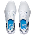 Two athletic shoes are positioned side by side displaying a primarily white design with blue and gray accents the shoes feature laces and cushioned insoles highlighting a sporty aesthetic.