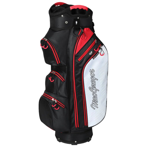 A black and white golf bag with red accents stands upright featuring multiple zippered pockets for storage and a padded top for club organization in a sporting context.