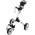 A golf push cart features three wheels with a white and black design the handle allows for easy steering and movement on various terrains ideal for transporting golf bags and equipment.