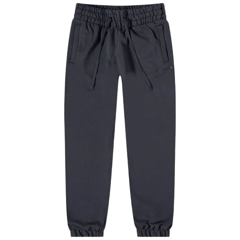 Dark gray sweatpants are displayed vertically featuring an elastic waistband with a drawstring two side pockets and elastic cuffs at the ankles ideal for casual or athletic wear