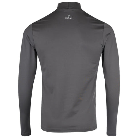 A long-sleeved gray turtleneck shirt hangs flat against a neutral background showcasing its smooth fabric and fitted design intended for casual or athletic wear.