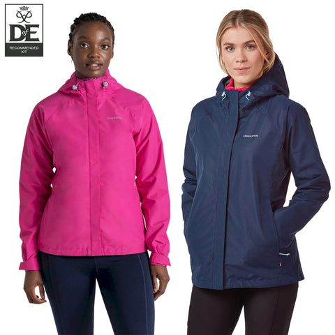 Two women stand side by side showcasing outdoor jackets. One wears a bright pink jacket and the other a dark navy jacket. Both are in casual athletic apparel against a plain background.