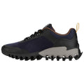 A sneaker with a navy blue upper and black sole features a sturdy construction. It is positioned sideways against a plain background, showcasing its design and traction elements.