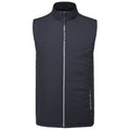 A dark sleeveless vest features a high collar and a front zipper with geometric stitching on the upper part and smooth fabric below two side pockets designed for warmth and style.