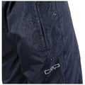 A black waterproof jacket is shown with visible droplets of water on its surface highlighting its water-resistant feature in a likely outdoor environment. The brand logo CMP is visible.