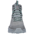 A gray high-top shoe with a textured surface and light blue laces is positioned upright showcasing its design and features appropriate for outdoor activities.