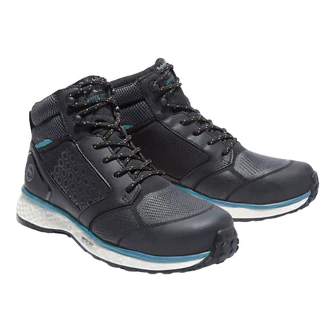 High-top athletic shoes are displayed with a black and grey design featuring a honeycomb pattern lacing system and cushioned white soles suitable for outdoor activities.