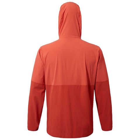 A red hooded jacket is displayed hanging with its back facing the viewer showcasing a smooth fabric and long sleeves in a simple, uncluttered setting.