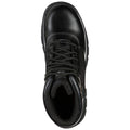 A black boot features a smooth leather exterior and textured fabric on the sides with sturdy lace closures and a cushioned interior designed for support and comfort in rugged environments.