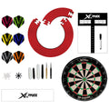 A dartboard set includes a circular dartboard with scoring numbers a red protective ring several colored dart flights and accessories such as dart points and a white marker in a gaming context.