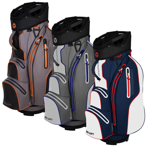 Three golf bags in different colors stand side by side. Each bag features multiple pockets and a top section for clubs, displayed against a plain background.